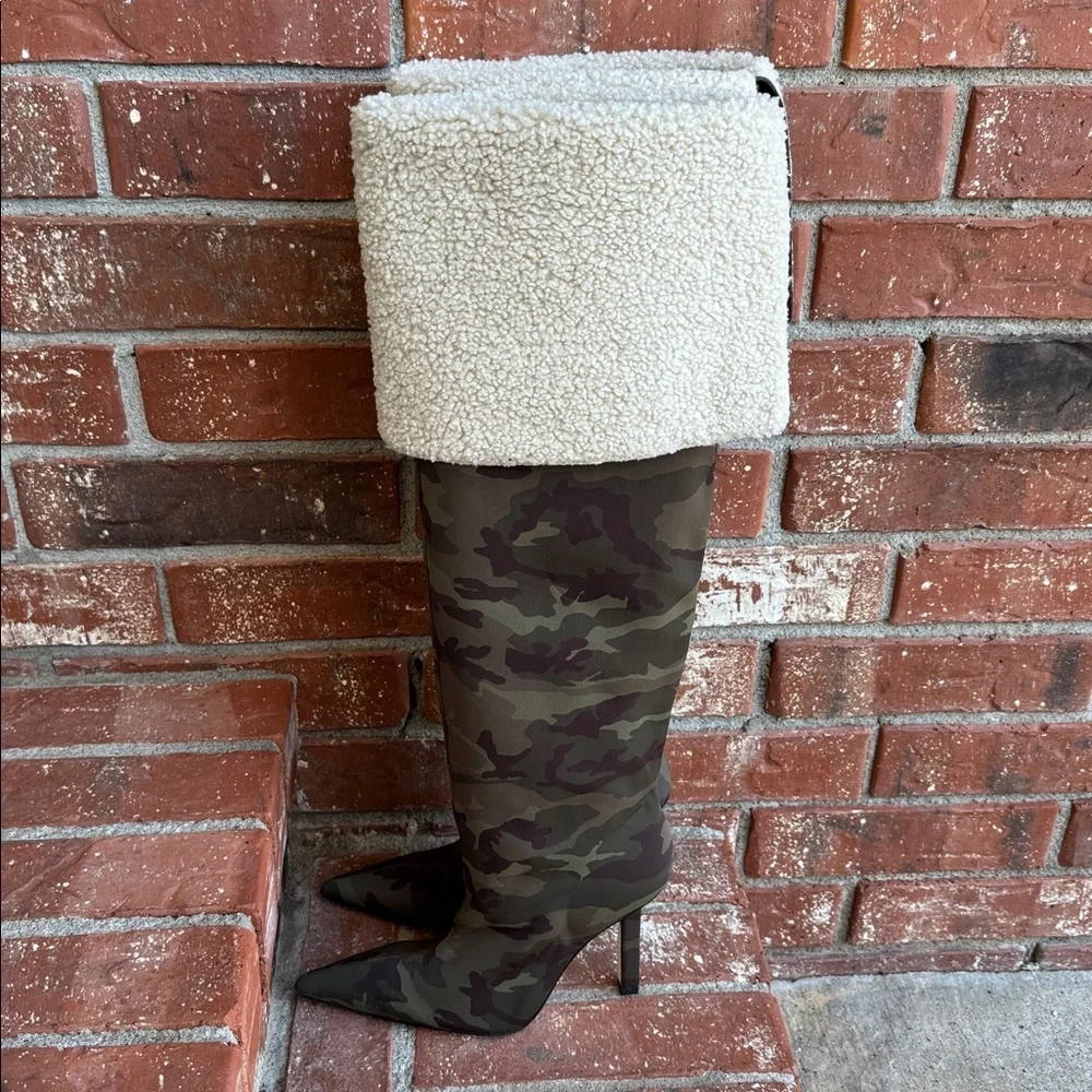 Good American Camo Over the Knee Boots Shearling Cuff GA255N Women's 5.5